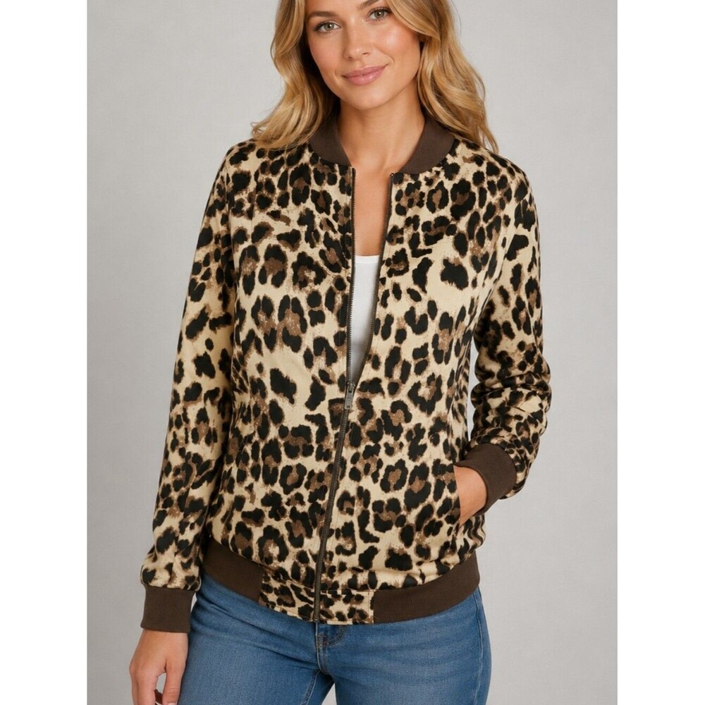 Mittoshop Lightweight Brown Animal Print Zip Front Bomber Jacket, Small
